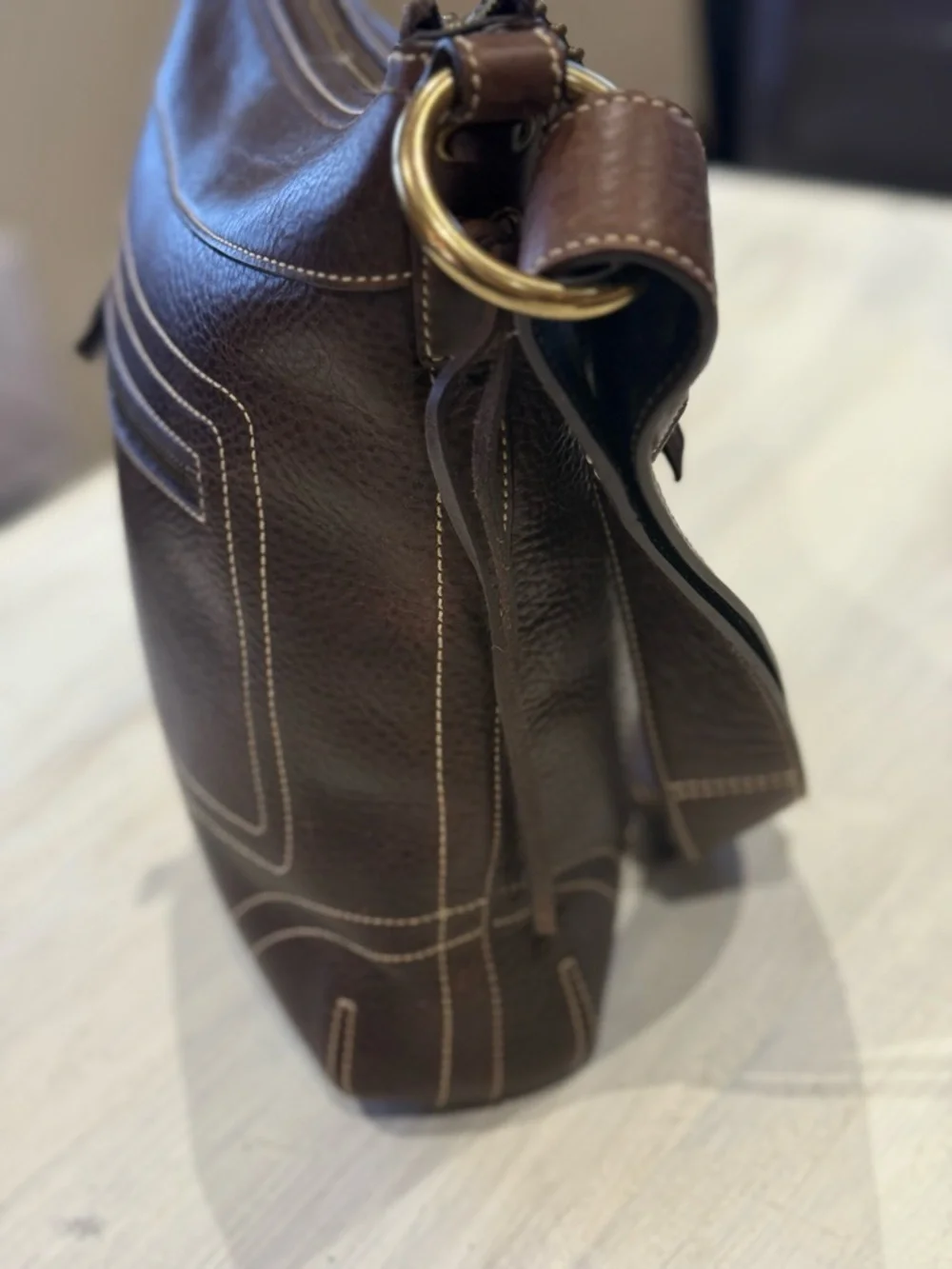 Coach Bleeker Dark Brown Pebbled Leather Messenger/Bucket Bag with Brass